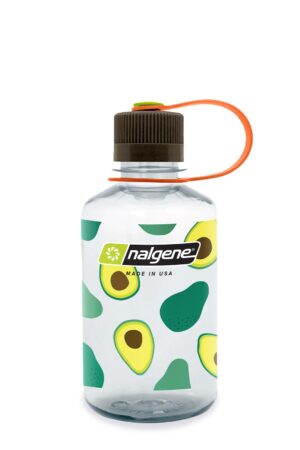 A 16oz Narrow Mouth Fruit Print Bottle featuring avocado illustrations, a clear body, and an orange lid strap.