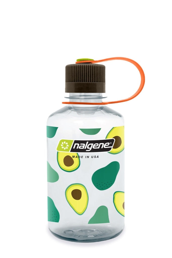 A 16oz Narrow Mouth Fruit Print Bottle featuring avocado illustrations, a clear body, and an orange lid strap.
