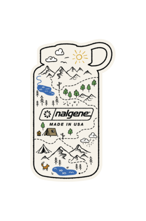 Line drawing of a Nalgene Bottle Map Sticker featuring tents, mountains, trees, and lakes within the bottle outline.