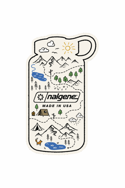 Line drawing of a Nalgene Bottle Map Sticker featuring tents, mountains, trees, and lakes within the bottle outline.