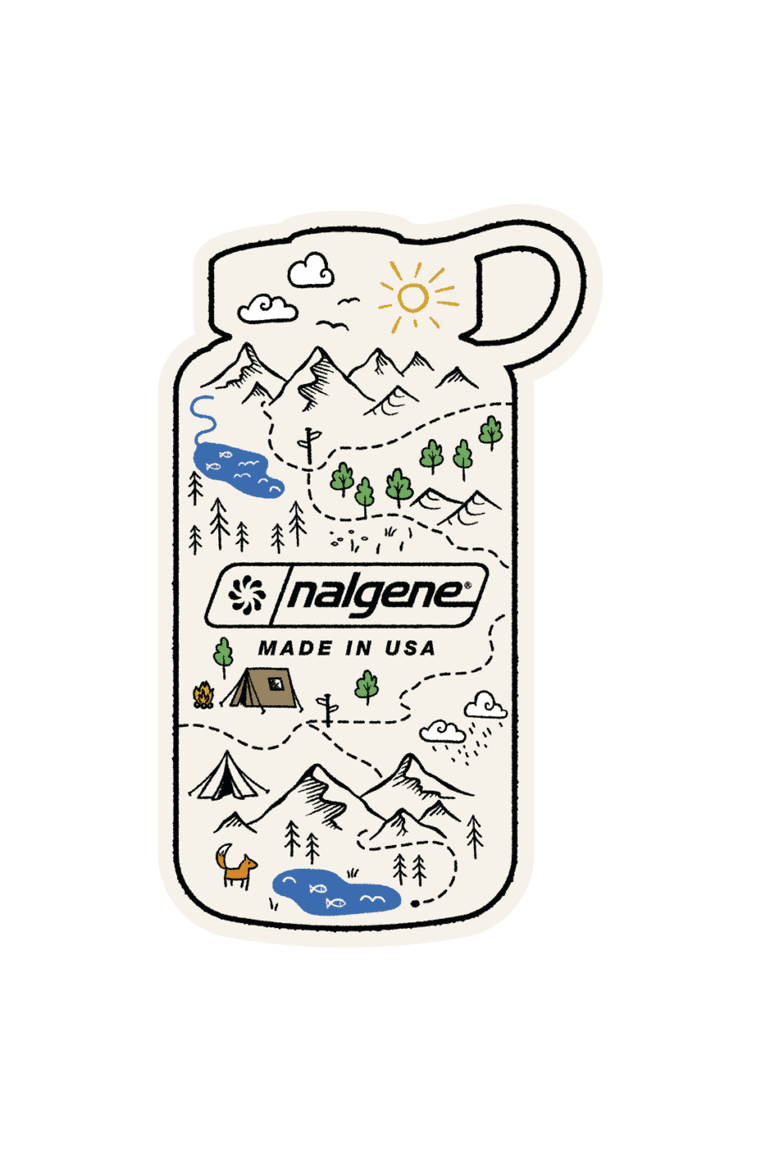 Line drawing of a Nalgene Bottle Map Sticker featuring tents, mountains, trees, and lakes within the bottle outline.