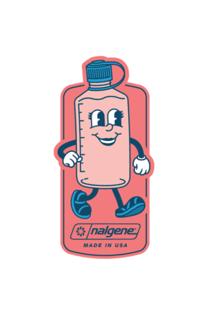 Nal The Nalgene Sticker shows a cartoon pink water bottle with arms, legs, smiling face, and a "nalgene Made in USA" label.