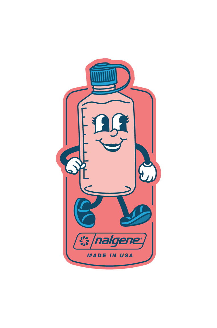 Nal The Nalgene Sticker shows a cartoon pink water bottle with arms, legs, smiling face, and a "nalgene Made in USA" label.
