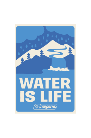 The Water Is Life Sticker features a blue and white mountain, water, and tree graphic with “WATER IS LIFE” and the Nalgene logo.