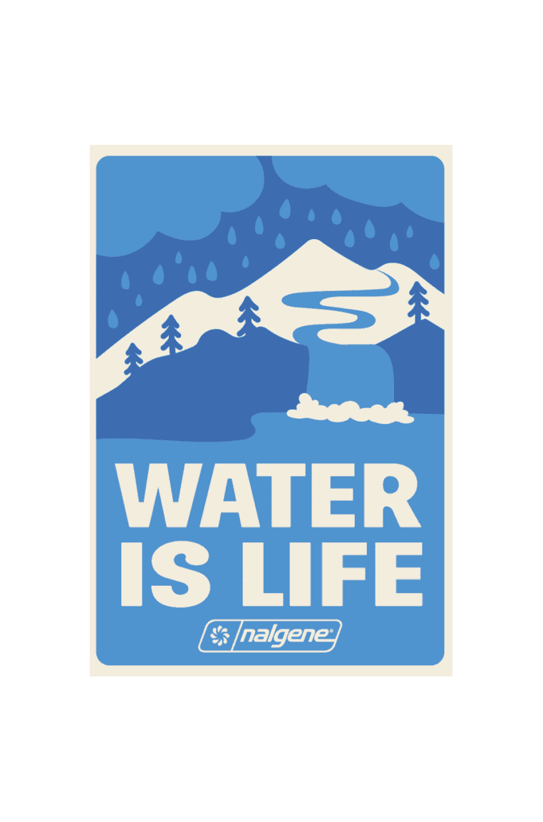 The Water Is Life Sticker features a blue and white mountain, water, and tree graphic with “WATER IS LIFE” and the Nalgene logo.
