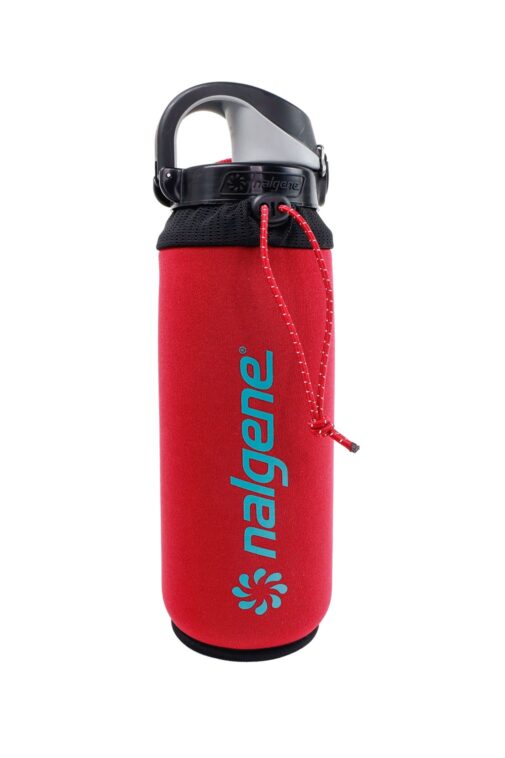 Red 24oz Neoprene Sleeve with a black cap and handle, blue logo, and red drawstring.