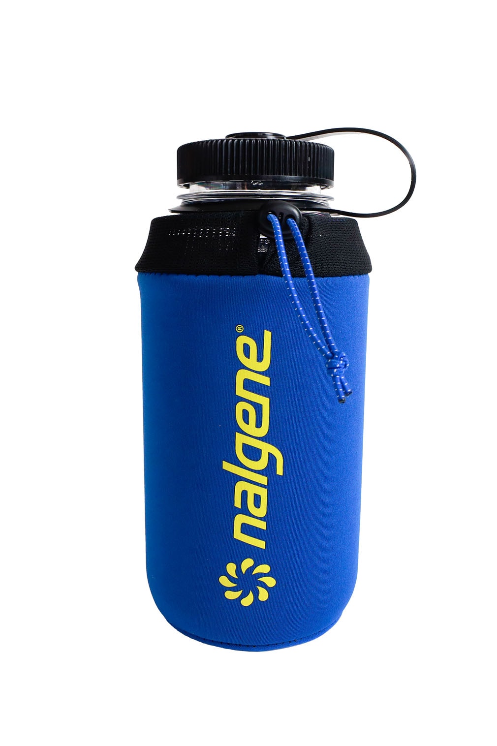 A 32oz water bottle in a blue neoprene sleeve, featuring a black cap and yellow logo.