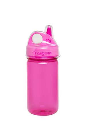 A 12oz Kids Grip-N-Gulp Sustain Water Bottle in pink plastic with a flip-top spout, shown against a white background.