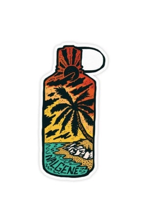 Tropical Narrow Mouth Sticker featuring a water bottle with a beach, palm tree, sunset scene, and "Nalgene" at the bottom.