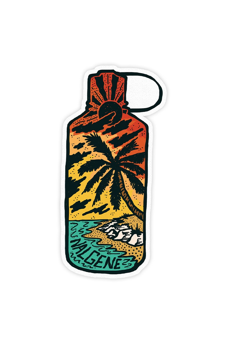 Tropical Narrow Mouth Sticker featuring a water bottle with a beach, palm tree, sunset scene, and "Nalgene" at the bottom.