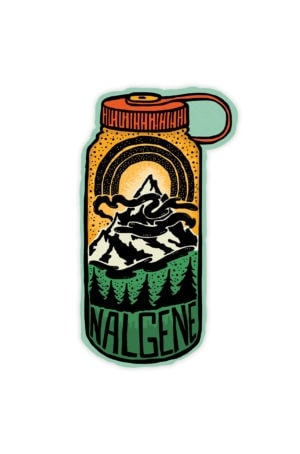 Otter Bottle Sticker featuring a colorful illustration of a Nalgene bottle with a mountain, trees, and rainbow design.