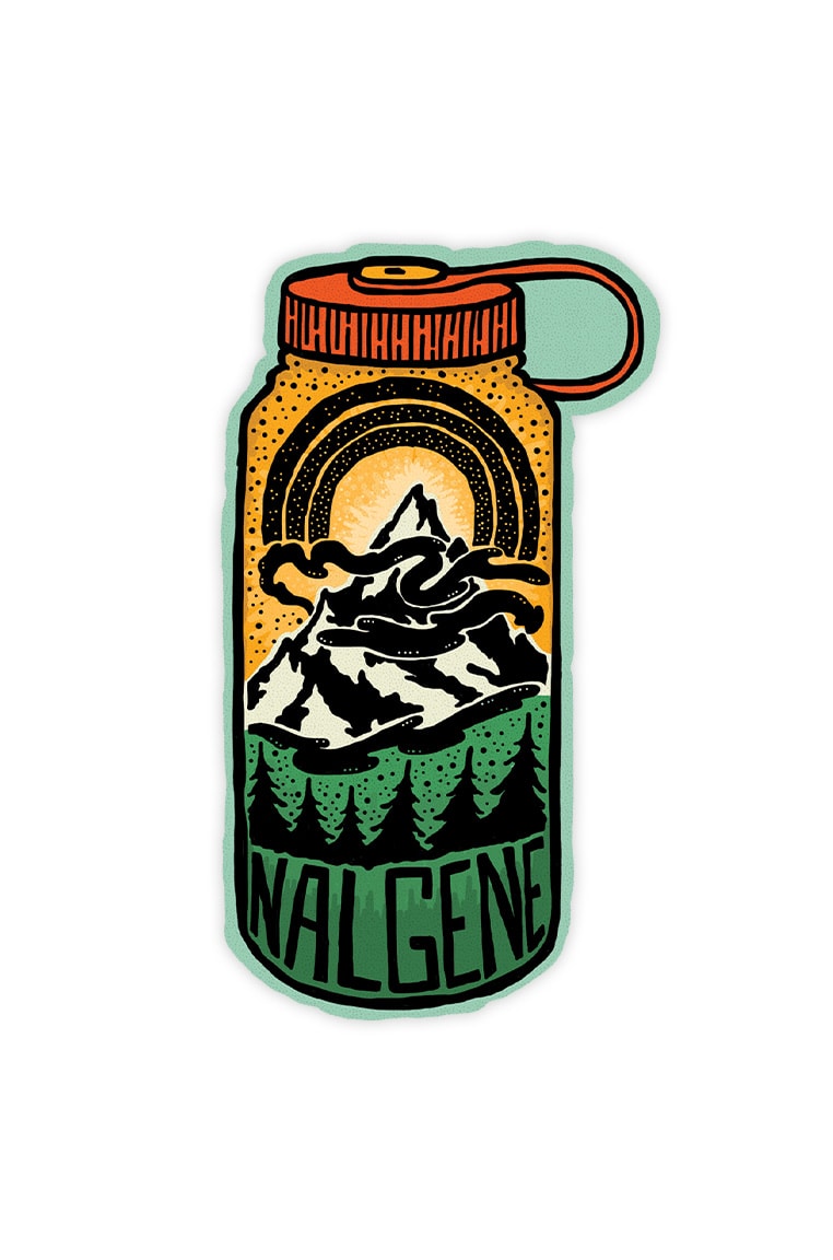 Otter Bottle Sticker featuring a colorful illustration of a Nalgene bottle with a mountain, trees, and rainbow design.