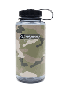 A 32oz Wide Mouth Camo Print Bottle with a green and beige camouflage pattern and a black screw-on lid.
