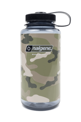 A 32oz Wide Mouth Camo Print Bottle with a green and beige camouflage pattern and a black screw-on lid.