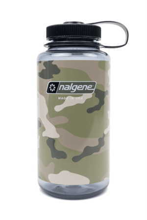 A 32oz Wide Mouth Camo Print Bottle with a green and beige camouflage pattern and a black screw-on lid.