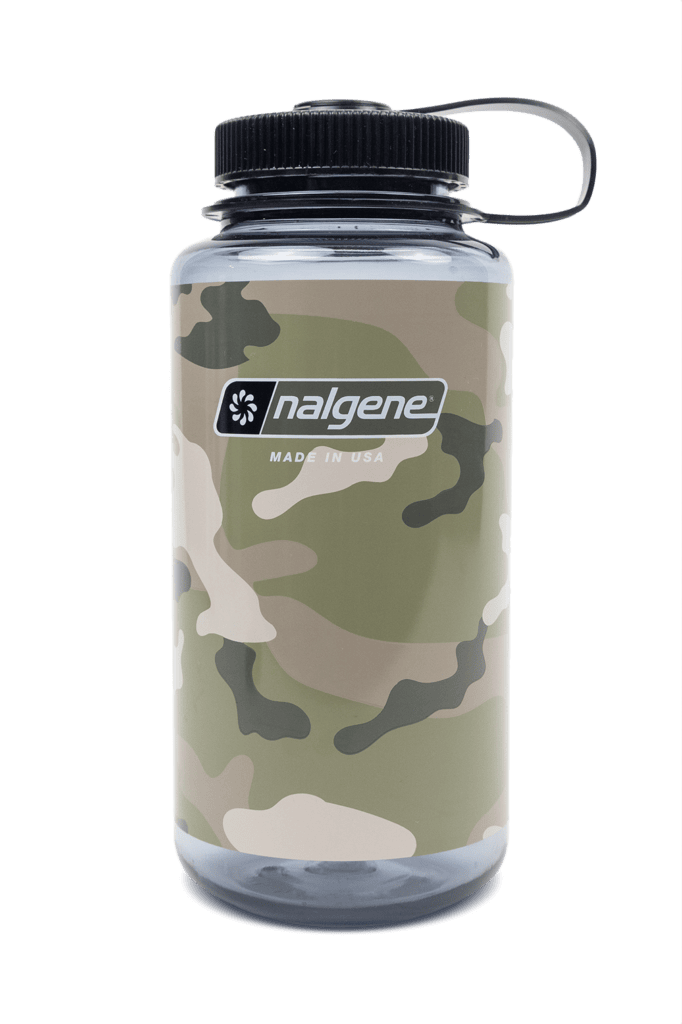 A 32oz Wide Mouth Camo Print Bottle with a green and beige camouflage pattern and a black screw-on lid.