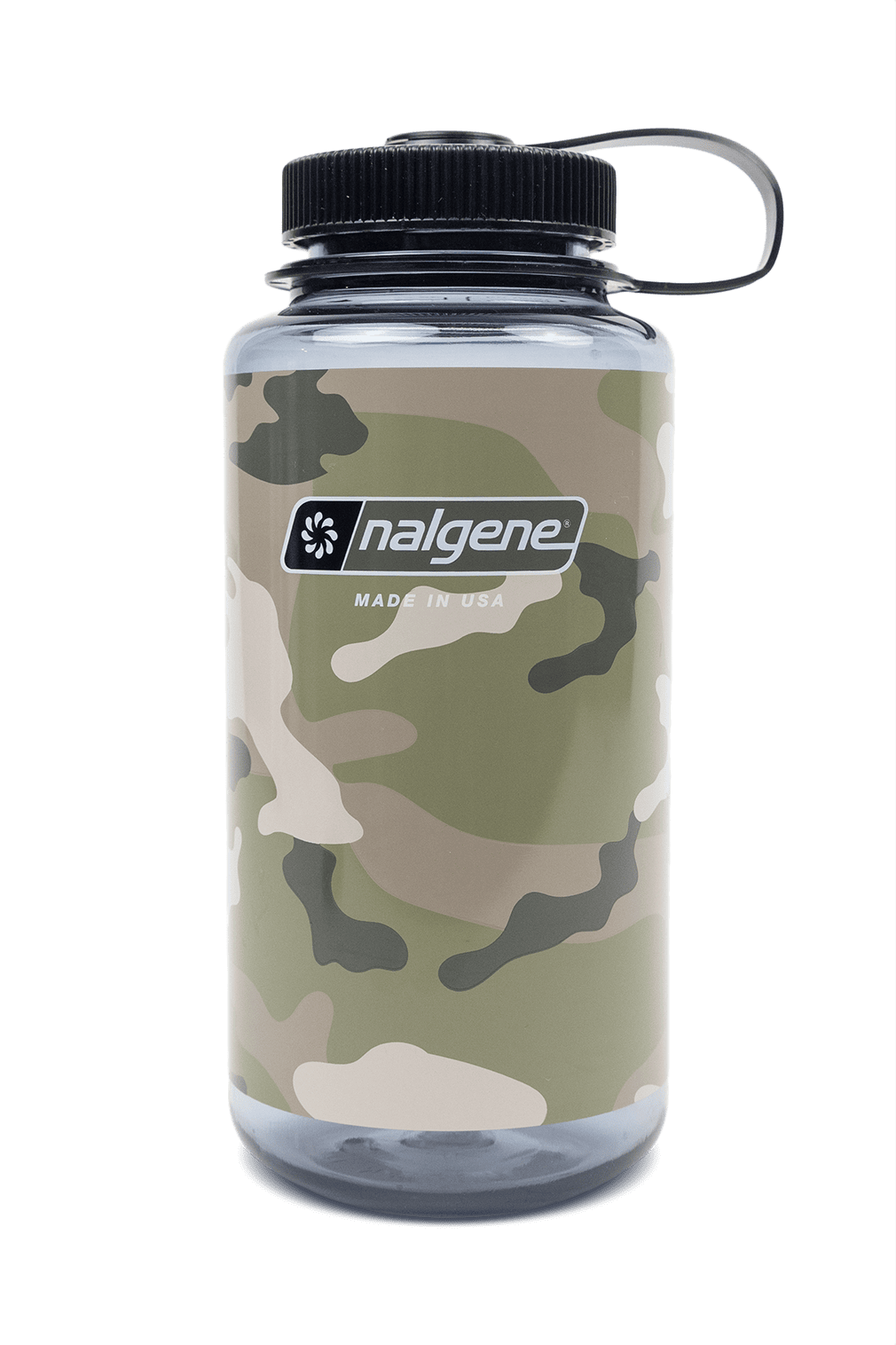 A 32oz Wide Mouth Camo Print Bottle with a green and beige camouflage pattern and a black screw-on lid.
