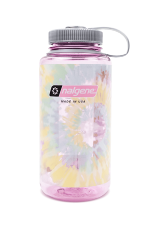 32oz Wide Mouth Tie-Dye Print Bottle in pink with a gray lid and colorful tie-dye pattern inside.