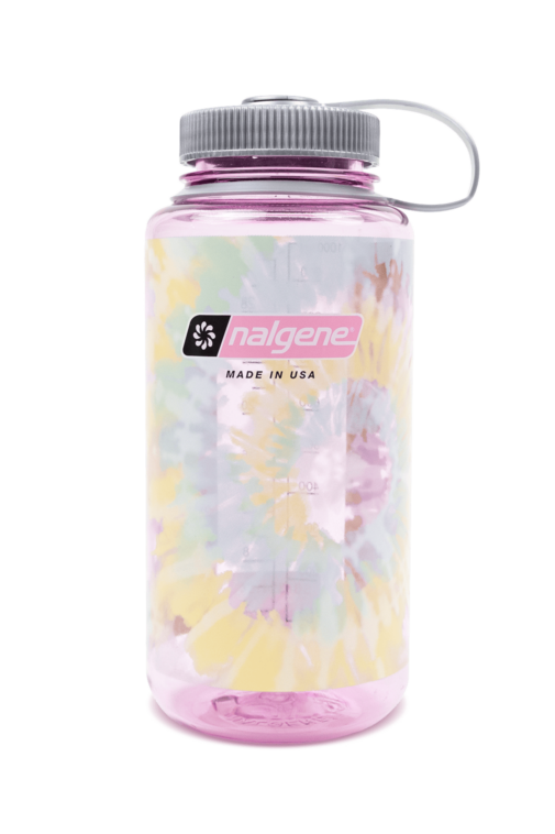 32oz Wide Mouth Tie-Dye Print Bottle in pink with a gray lid and colorful tie-dye pattern inside.
