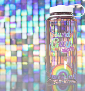32oz Wide Mouth Pride Bottle featuring a rainbow design and "Sounds Gay I'm in" text on a colorful mosaic background.