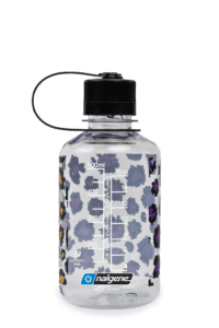 Clear Nalgene water bottle with a black lid and colorful leopard print design, marked with measurement lines.
