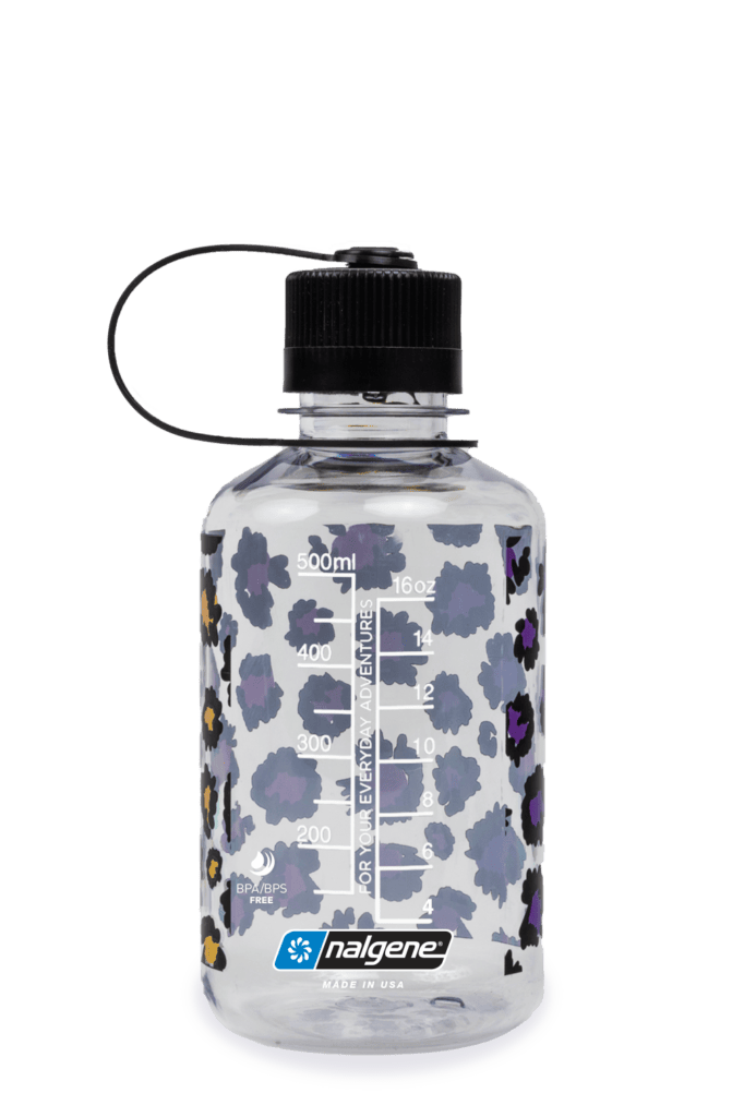 Clear Nalgene water bottle with a black lid and colorful leopard print design, marked with measurement lines.