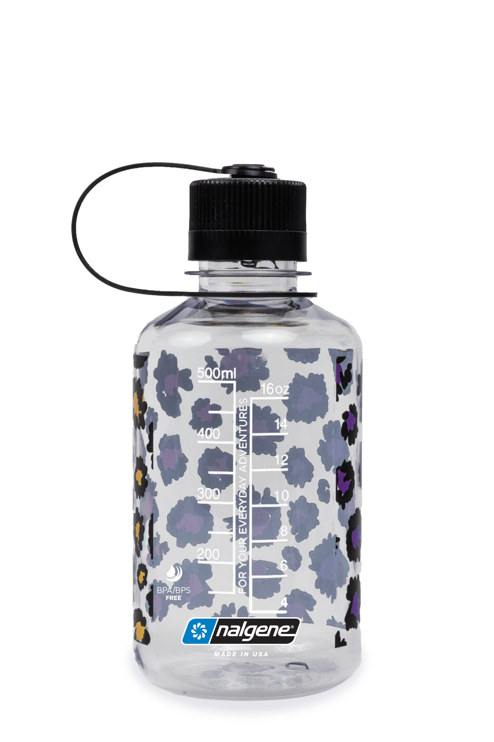 Clear Nalgene water bottle with a black lid and colorful leopard print design, marked with measurement lines.