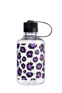 16oz Narrow Mouth Animal Print Bottle with black cap and purple & black leopard print design.