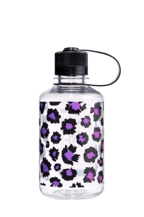 16oz Narrow Mouth Animal Print Bottle with black cap and purple & black leopard print design.