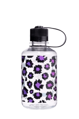 16oz Narrow Mouth Animal Print Bottle with black cap and purple & black leopard print design.