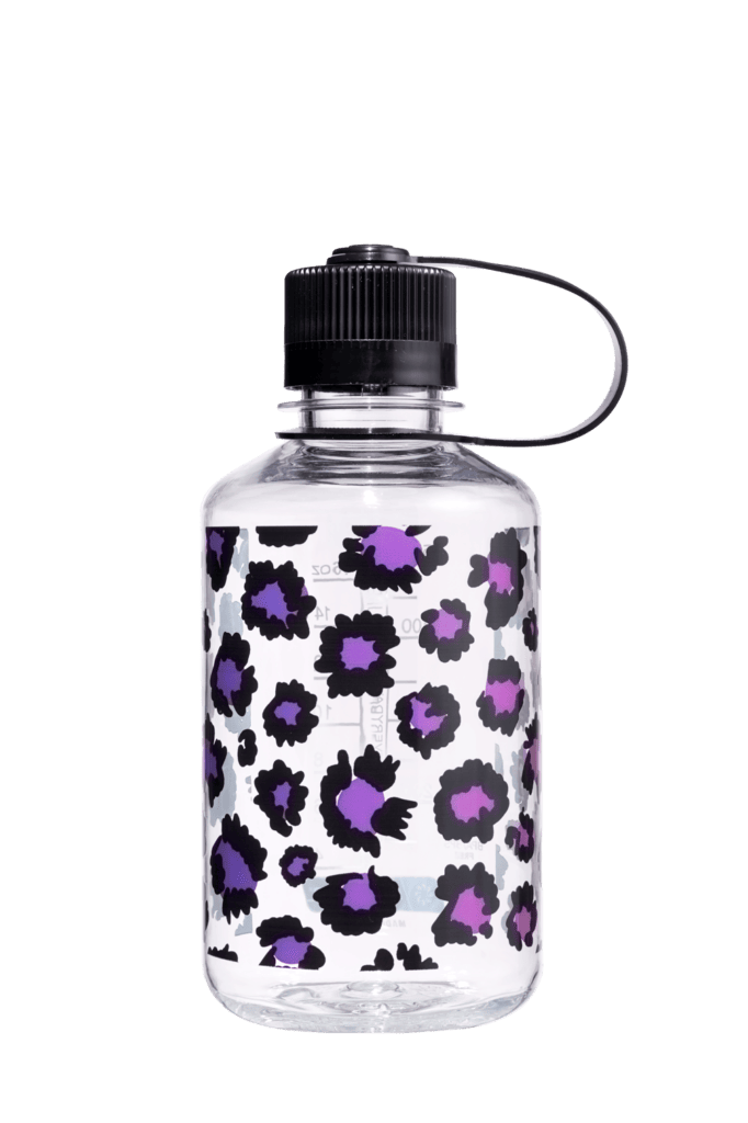 16oz Narrow Mouth Animal Print Bottle with black cap and purple & black leopard print design.