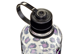Clear water bottle with a black cap and handle, decorated with a purple and gray leopard print pattern.