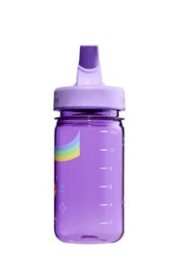 Purple plastic sippy cup with measurement markings and a lavender lid, shown on a white background.