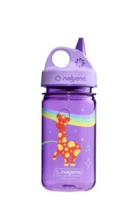 12oz Kids Grip-N-Gulp Sustain Graphic: Purple Nalgene water bottle with giraffe illustration, music notes, and a purple spout lid.