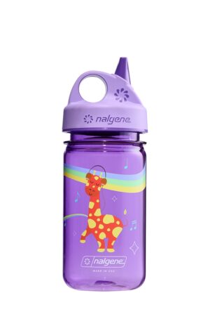 12oz Kids Grip-N-Gulp Sustain Graphic: Purple Nalgene water bottle with giraffe illustration, music notes, and a purple spout lid.