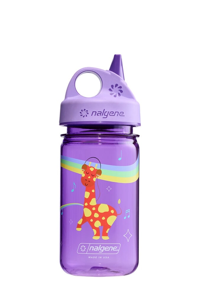 12oz Kids Grip-N-Gulp Sustain Graphic: Purple Nalgene water bottle with giraffe illustration, music notes, and a purple spout lid.