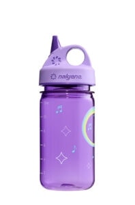 Purple Nalgene water bottle with musical note and star designs, a spout lid, and measurement markings.
