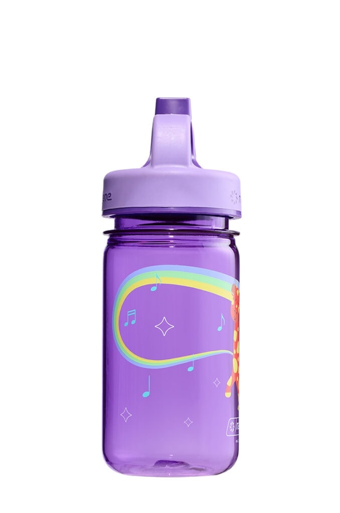 Purple sippy cup with a giraffe, rainbow, and musical notes design on a white background.