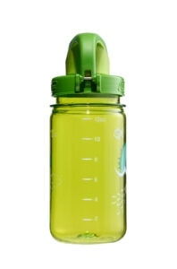 Green water bottle with measurement marks and a flip-top lid, decorated with fish and leaf illustrations.