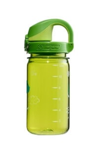 A green plastic water bottle with a handle and measurement markings up to 12 oz.