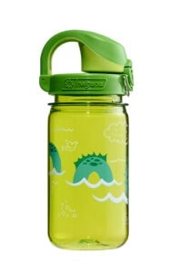 A green Nalgene water bottle with a dinosaur and wave design, and a matching green flip-top lid.
