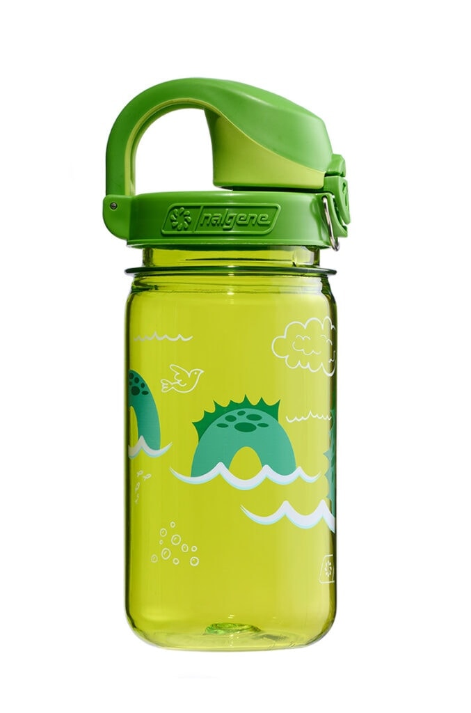 A green Nalgene water bottle with a dinosaur and wave design, and a matching green flip-top lid.