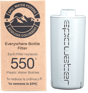 Epic Single Replacement Filter shown beside packaging, highlighting that it replaces 550+ plastic water bottles.