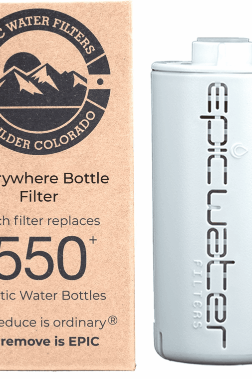 Epic Single Replacement Filter shown beside packaging, highlighting that it replaces 550+ plastic water bottles.