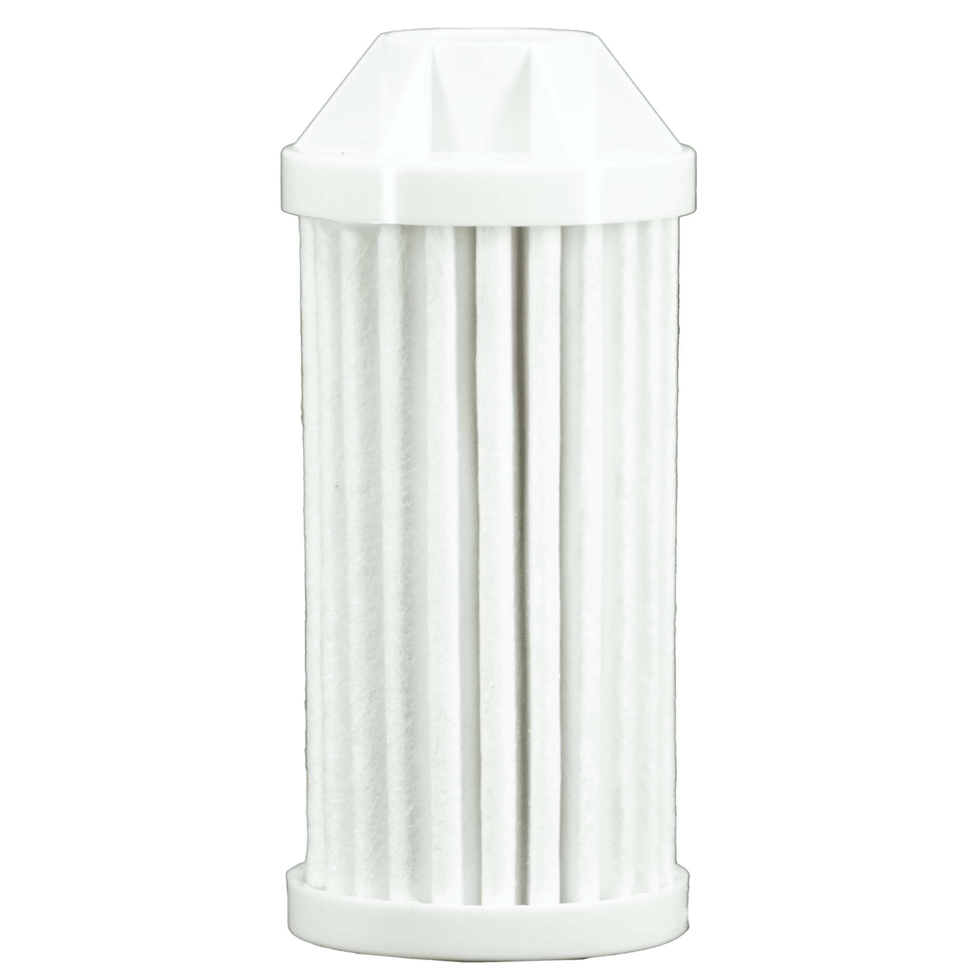 The Epic Single Replacement Filter is a white cylindrical cartridge with vertical ridges and flat ends, standing upright.
