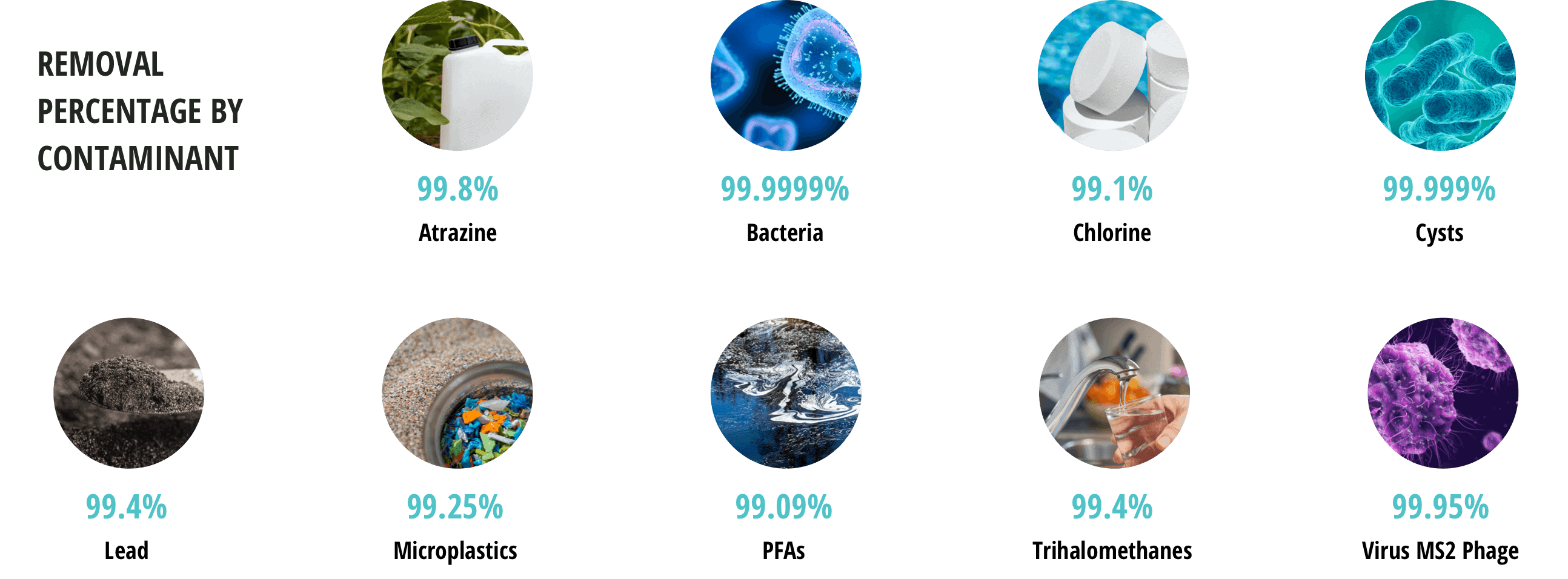 Chart showing removal percentages of various contaminants in water, ranging from 99.1% to 99.9999%.