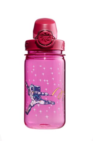 12oz On-The-Fly Kids Bottle with Graphic featuring a pink space-themed design of an astronaut floating among stars.