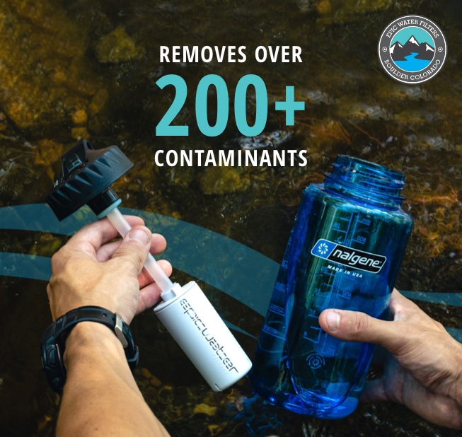 Person filters water from a stream using a portable device into a blue Nalgene bottle; text promotes 200+ contaminant removal.