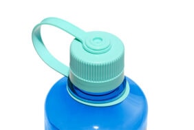 Close-up of a blue water bottle with a turquoise screw-on cap and carrying strap, on a white background.