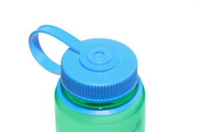 Blue plastic lid with a loop handle on a green water bottle, against a white background.